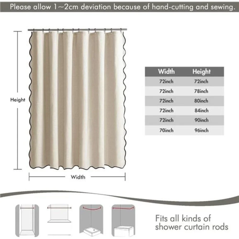 Beige Scalloped Shower Curtain Linen Textured with 12 Metal Hooks Cute